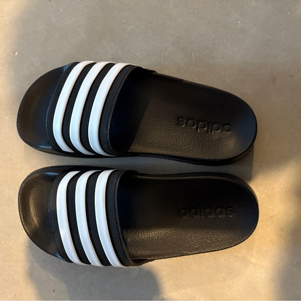 Adidas Black and White Striped Slides